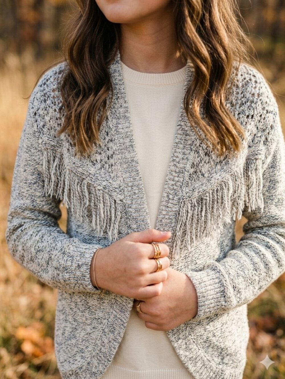 Cat & Jack Fringe Open Front Knit Cardigan Sweater Cream Gray -Girls Large 10/12